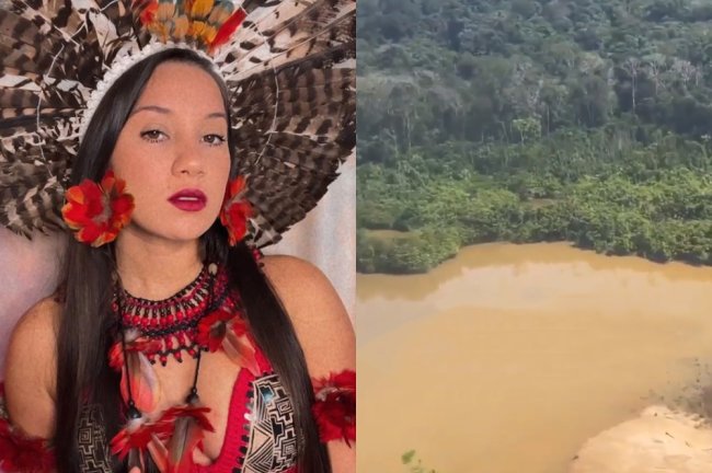 À esquerda, foto de Samela. Ela é uma mulher indígena e vestes trajes típicos vermelhos. À direita, um rio lamacento.