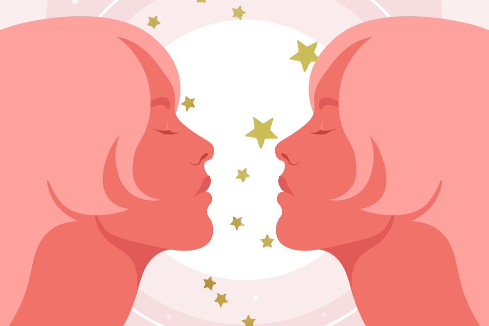 Ilustração de uma mulher de perfil, toda rosa, de olhos fechados, com o rosto virado para a sua gêmea