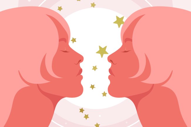 Ilustração de uma mulher de perfil, toda rosa, de olhos fechados, com o rosto virado para a sua gêmea