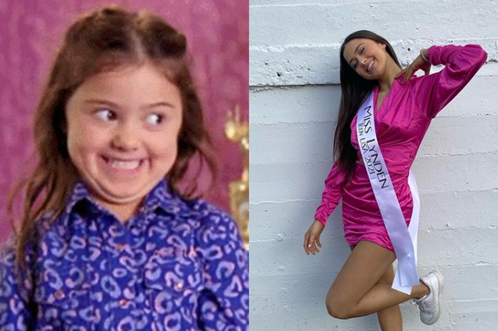 Montagem de duas fofos, a direita, imagem de Kailia Posey quando criança e sorrindo. A direita, ela já adolescente, com um vestido rosa e faixa de miss.