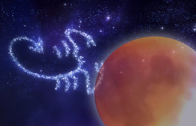 Ilustração de uma constelação em formato do bicho escorpião. Sobreposta na imagem, a foto de uma lua de sangue alaranjada