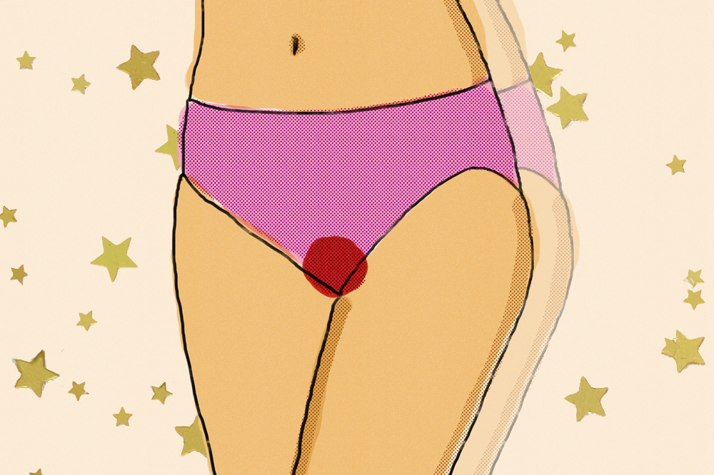 Ilustração de uma menina branca, usando uma calcinha rosa manchada de sangue menstrual