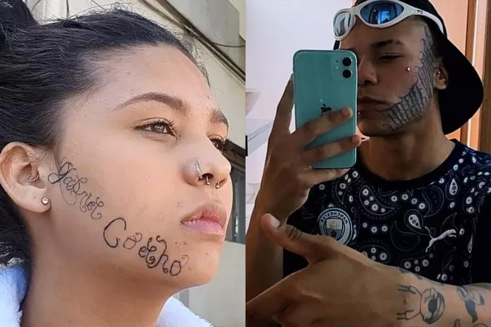 Jovem com rosto tatuado por ex-namorado. Está escrito "Gabriel Coellho" na bochecha direita. O namorado dela tem várias tatuagens pelo corpo