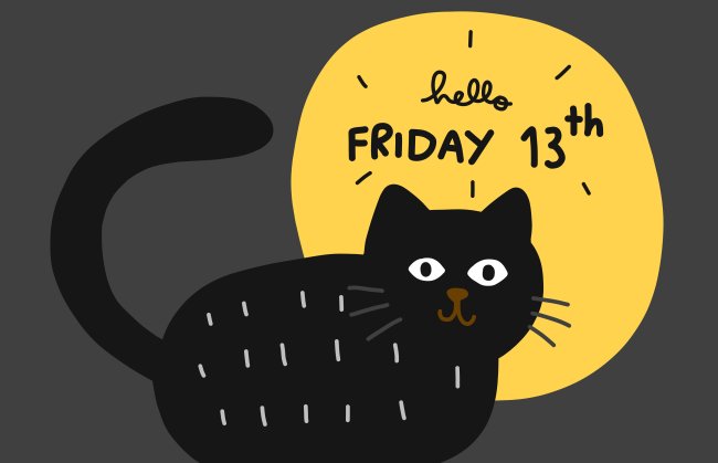 Ilustração de um gato preto em frente a uma lua cheia desejando feliz sexta-feira 13