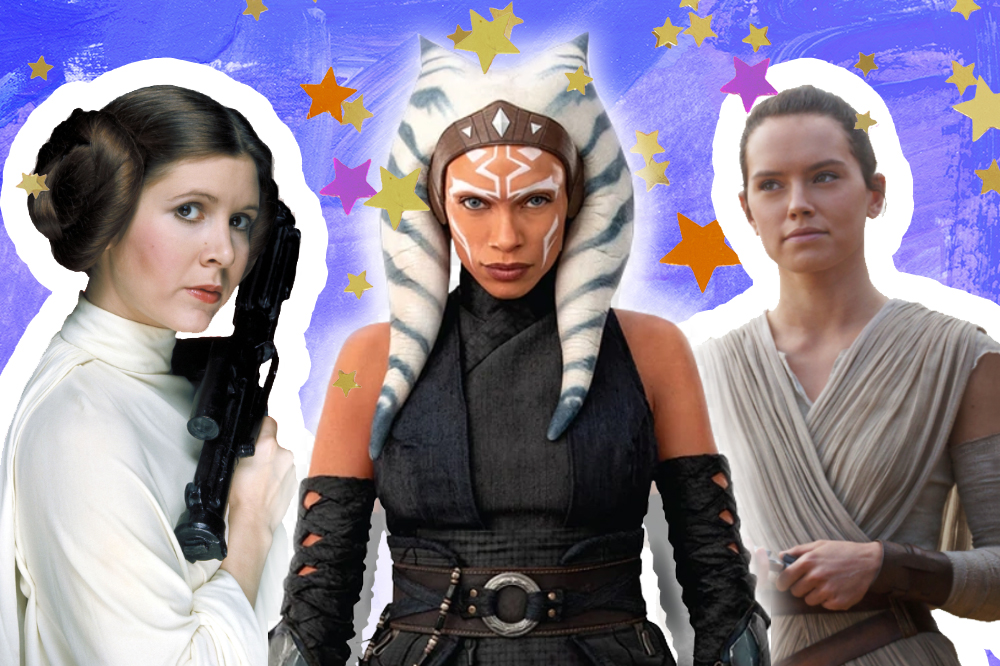 Montagem com personagens femininas de Star Wars sobre uma tela azul