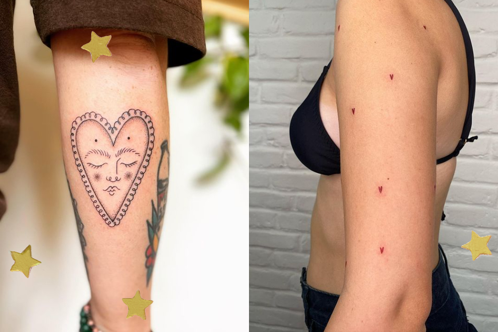Tatuagens de coração. À esquerda, o desenho tem uma carinha e à direita são várias corações pequenos e vermelhos espalhados pelo braço