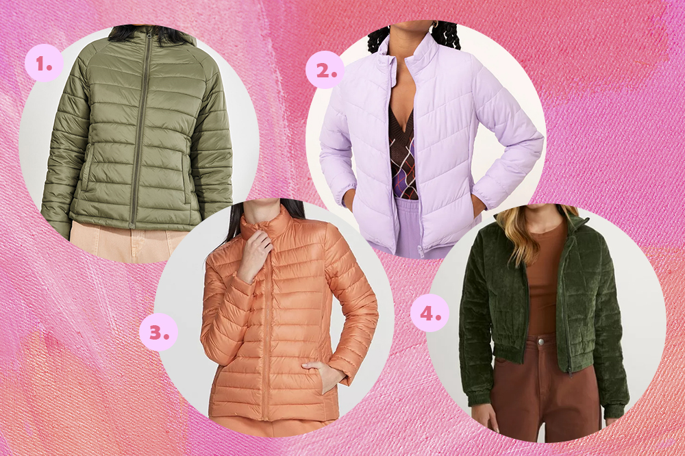 Montagem em fundo rosa com quatro modelos de jaqueta puffer. Uma verde, uma lilás, uma laranja e outra verde de veludo