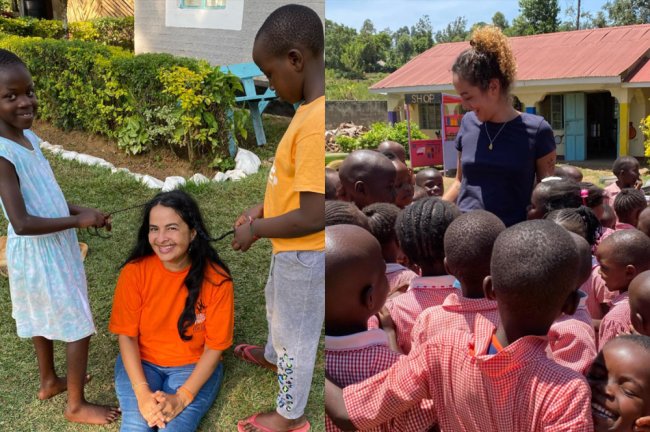 Talita e Sandra durante voluntariado no Quênia. Sandra tem o cabelo trançado e Talita está rodeada de crianças
