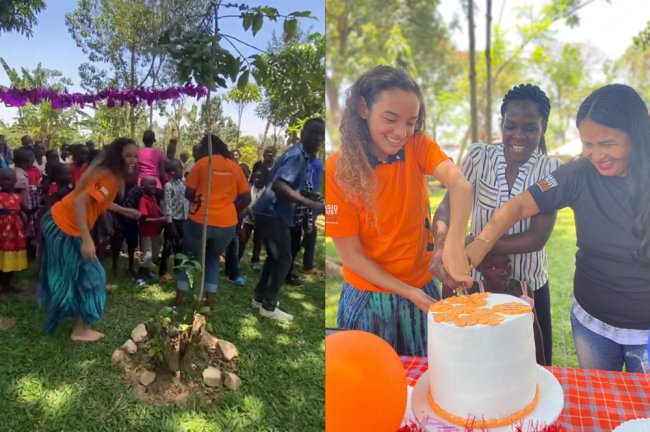 Sandra e Talita durante voluntariado no Quênia. Elas estão dançando e cortando um bolo