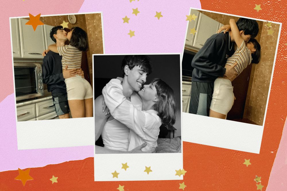 Dicas de poses para fotos em casal-2 Fundo colorido com fotos polaroid e um casal se olhando