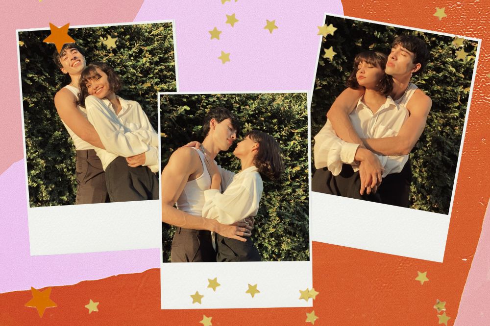 Dicas de poses para fotos em casal Fundo colorido com fotos polaroid e um casal se olhando