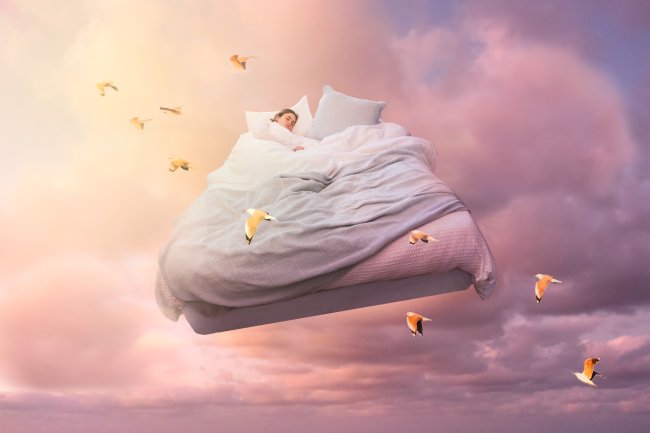 Ilustração de uma cama de casal voando em um céu rosa. Nela, uma mulher está dormindo e passarinhos voam ao redor dela