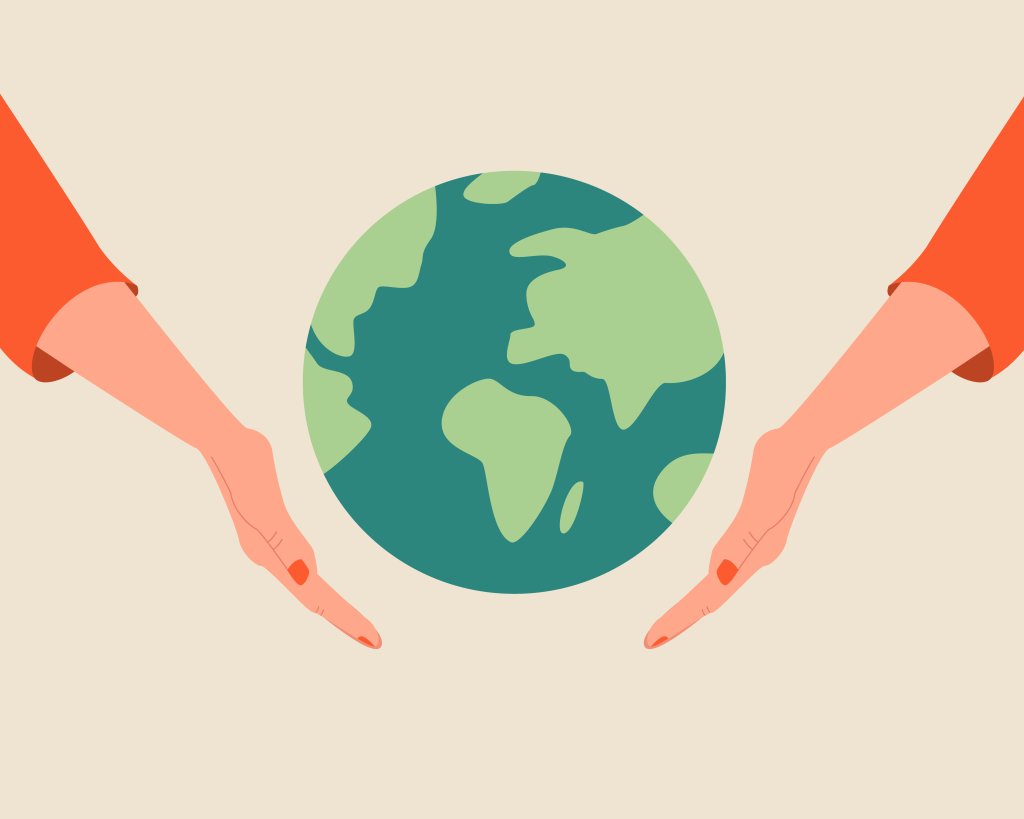 Ilustração de duas mãos sinalizando o planeta Terra ao centro