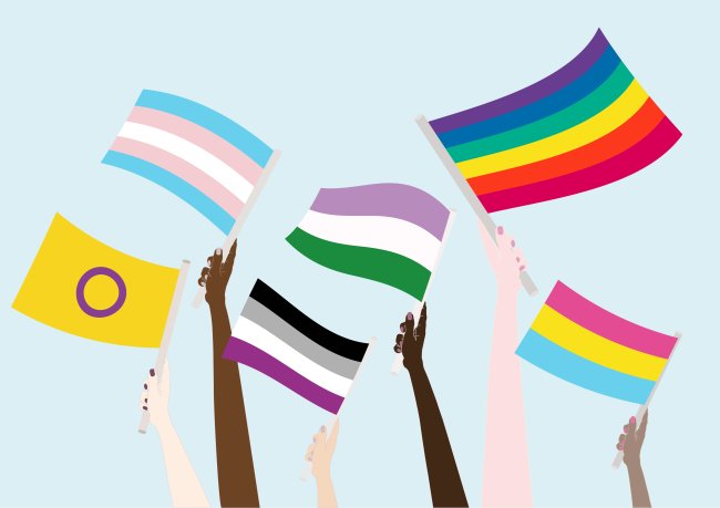 Ilustração de mãos segurando várias bandeiras do guarda-chuva LGBTQIA+