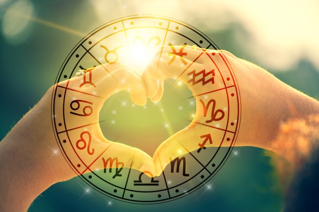 Foto de uma mão fazendo sianl de coração e os signos do zodíaco ao redor