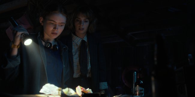 Sadie Sink como Max Mayfield e Maya Hawke como Robin Buckley na 4ª temporada de Stranger Things; elas estão olhando para algo na mesa sendo iluminado por uma lanterna que está na mão de Max com expressões assustadas e/ou confusas