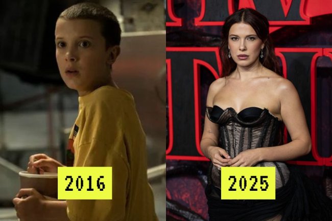 Millie Bobby Brown como Eleven em 2016 e em 2025
