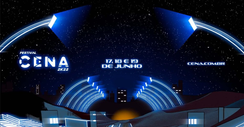 Imagem com céu noturno estrelado e luzes azuis no Sambódromo do Anhembi para o Festival Cena