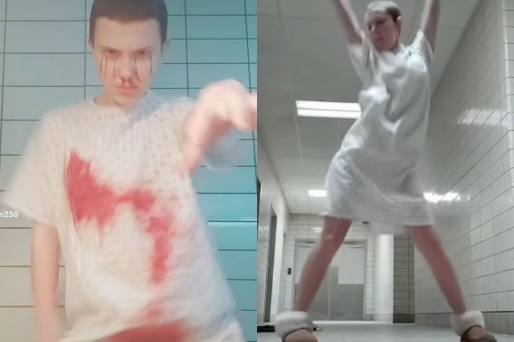 Millie Bobby Brown gravando TikToks como Eleven nos sets de Stranger Things