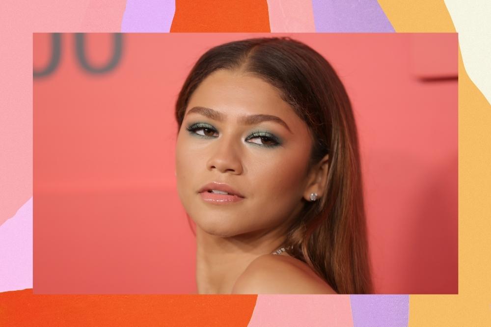 Montage with a colored background and a close-up photo of Zendaya's face in the center.