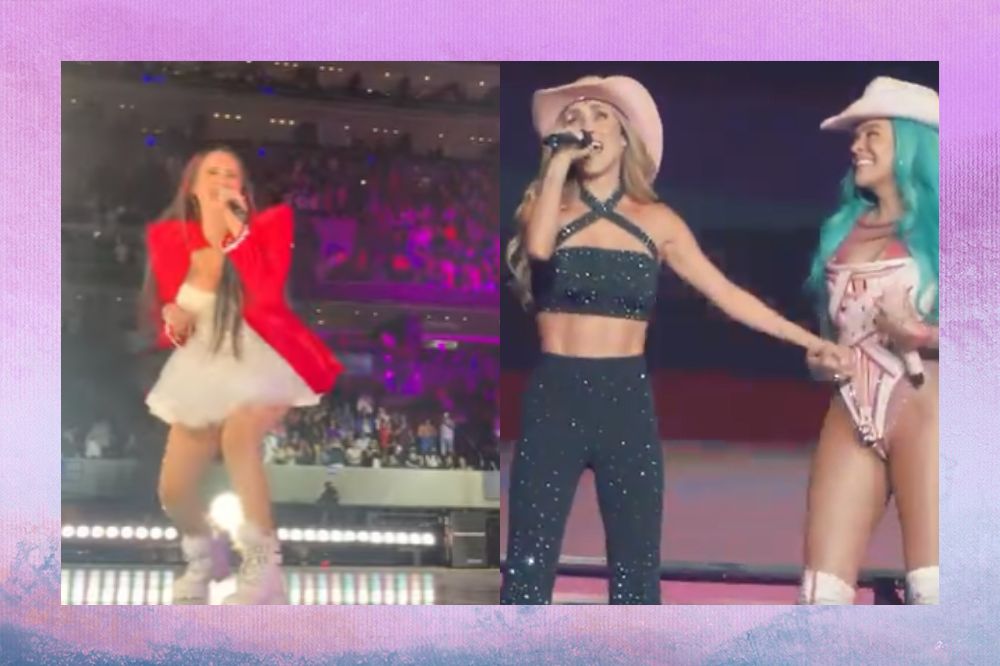 Imagens de Dulce Maria, Anahi e Karol G em shows em que cantaram músicas do RBD; a margem é uma textura nas cores roxo, azul, branco e rosa