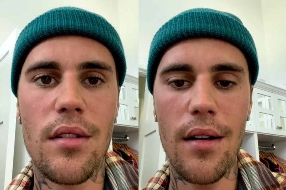 Duas imagens de Justin Bieber com expressões neutras usando uma touca em tom esverdeado e camisa xadrez com as cores amarelo, cinza, vermelho, branco e preto