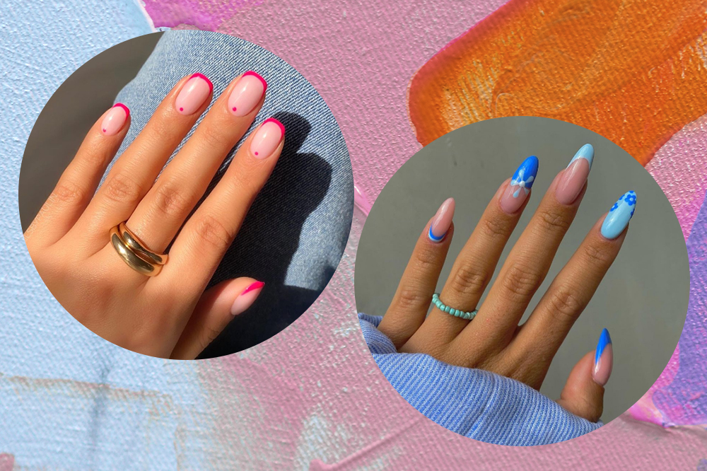 Montagem em fundo azul, rosa e laranja de fotos de mãos em molduras circulares. À esquerda, mão com unhas pintadas de rosa e, à direita, de azul.