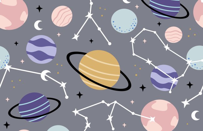 Ilustração de planetas coloridos entre as constelações do zodíaco