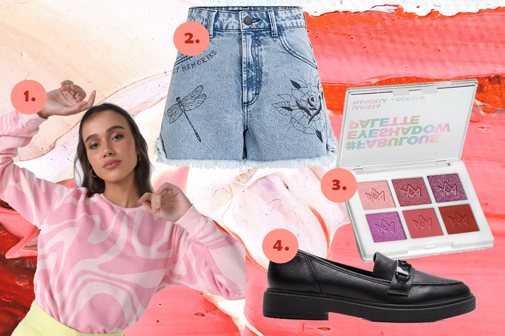 Montagem em fundo rosa e vermelho com quatro produtos. Um moletom rosa, um short jeans, uma paleta de sombras e um mocassim preto.