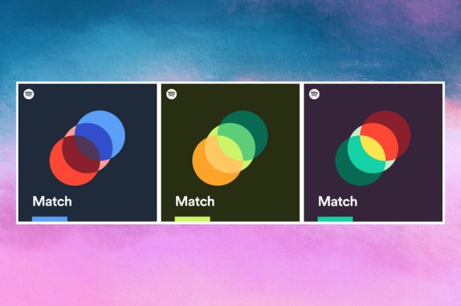 Três logos do Spotify Match com vários círculos sobrepostos em diferentes cores em um fundo de textura nas cores azul, roxo, branco e rosa