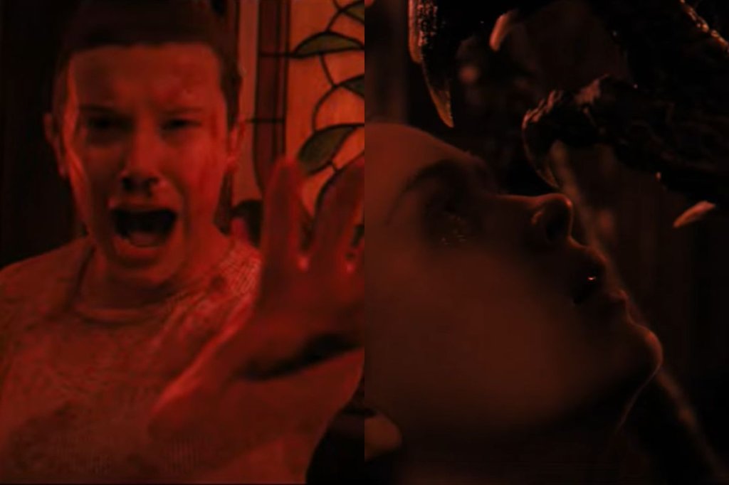 Imagens de Stranger Things 4. Eleven com a mão estendida e Max sendo possuída pelo Vecna