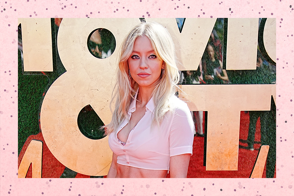 Photo montage of Sydney Sweeney at the MTV Movie Awards with pink polka dot background
