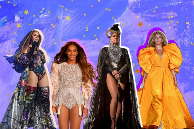 Montagem de fotos da cantora Beyoncé nos palcos, com o background texturizado em tons de roxo.