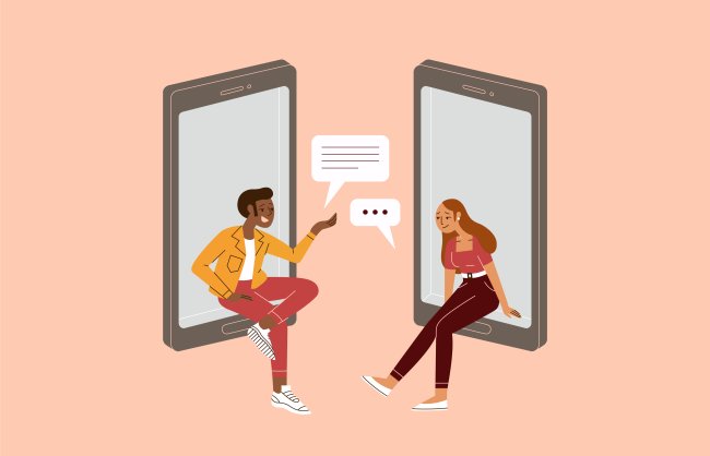 Ilustração de Dois jovens conversam e iniciam relacionamento amoroso no aplicativo de namoro