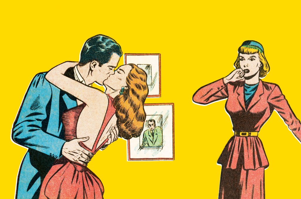 Ilustração de uma mulher espantada ao ver seu companheiro beijar utra moça