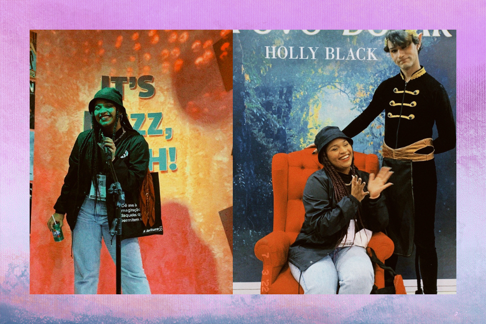 Duas imagens de Roberta Gurriti na Bienal do Livro SP; na primeira ela está posando com um microfone enquanto sorri e na segunda está sorrindo sentada em uma poltrona vermelha com um homem vestido do personagem Cardan, de O Príncipe Cruel, ao seu lado