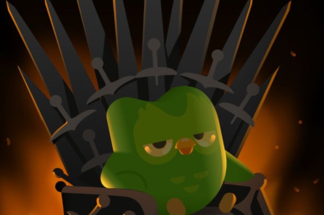 duolingo Passáro do Duolingo sentado em um trono de pedra