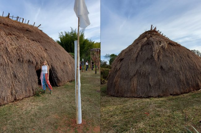 Fotos de uma oca feita de madeira e palha construída por indígenas do Alto Xingu