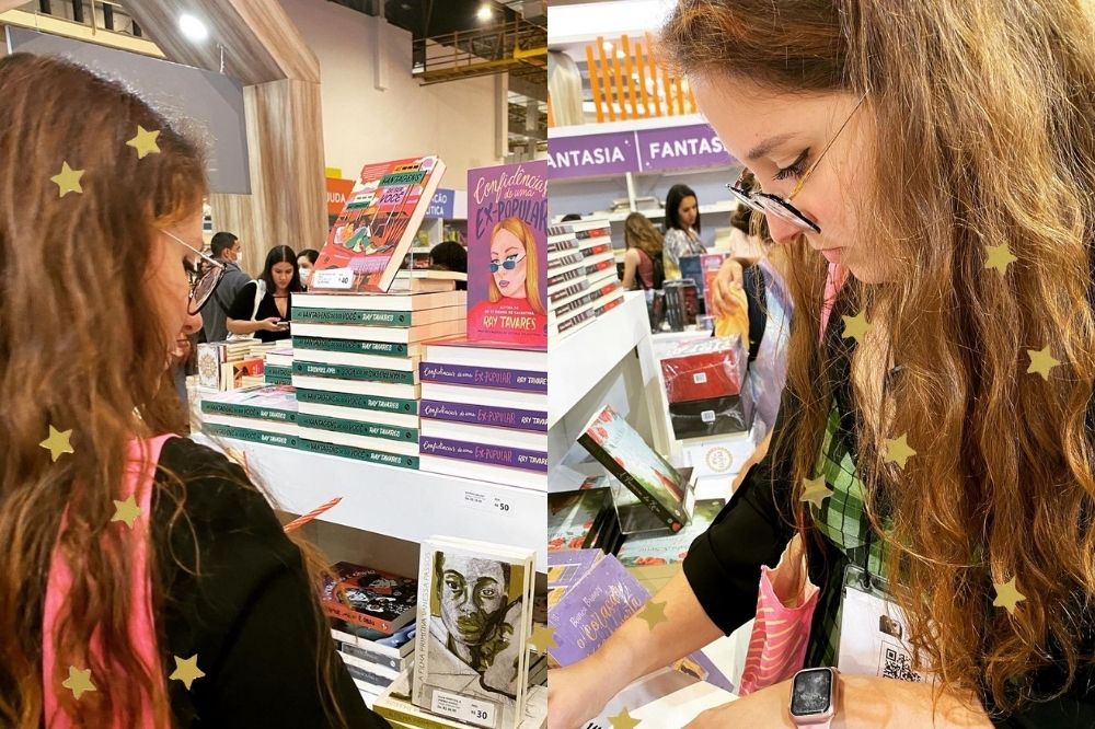 Duas imagens de Ray Tavares na Bienal do Livro 2022; na primeira ela está olhando livros no estande e na segunda ela está autografando um de seus livros