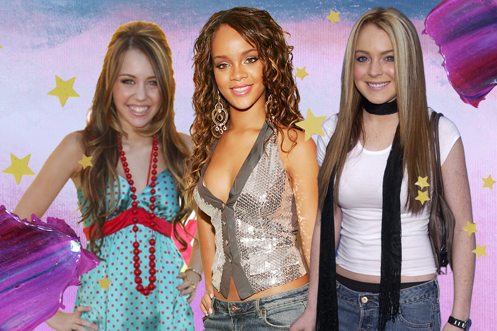 Montagem em fundo degradê lilás e azul com estrelinhas douradas de fotos de Miley Cyrus, Rihanna e Lindsay Lohan nos anos 2000