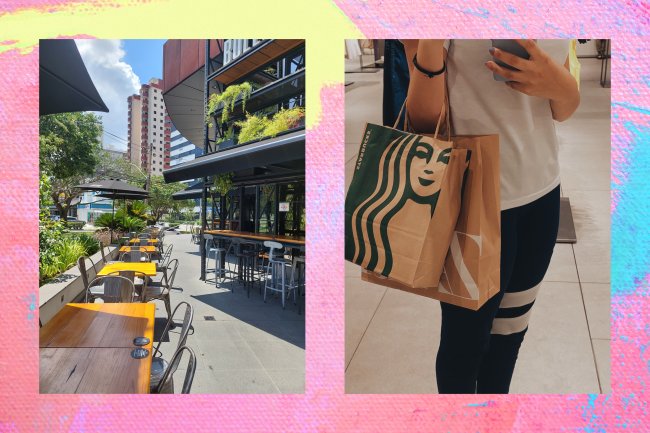 Montagem de fotos de um restaurante de uma garota segurando uma sacola do Starbucks