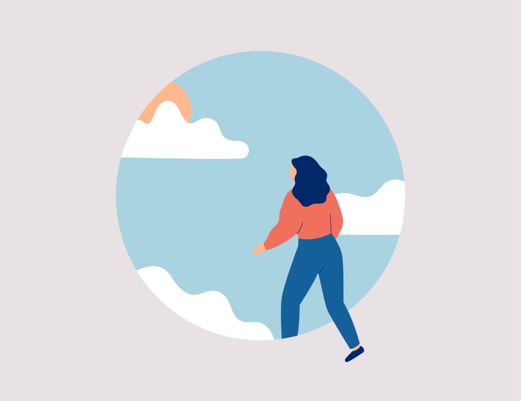 Ilustração com um fundo bege e um círculo azul com desenhos de nuvens centralizados, com a imagem se uma garota “entrando” neste círculo.