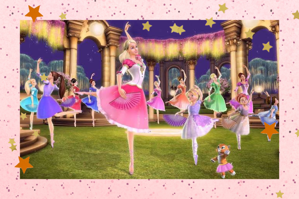 Montagem com fundo rosa com gliter e estrelas, com a foto de uma cena do filme "Barbie e as 12 princesas bailarinas"