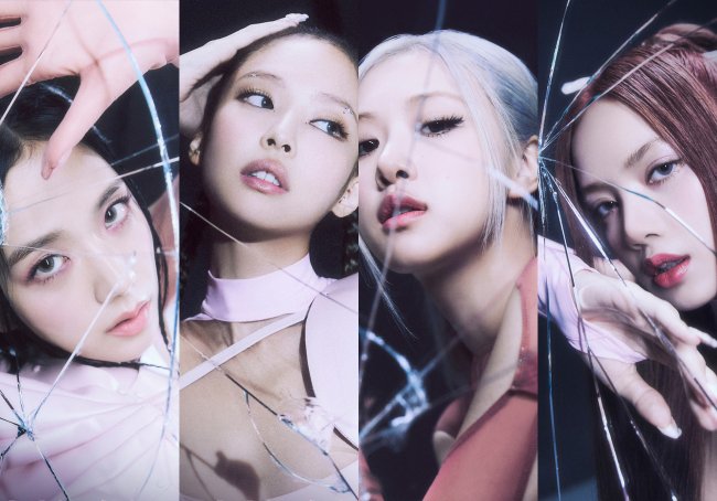 BLACKPINK members in 4 photos with serious and neutral expressions;  Cracked glass effects are present in the images