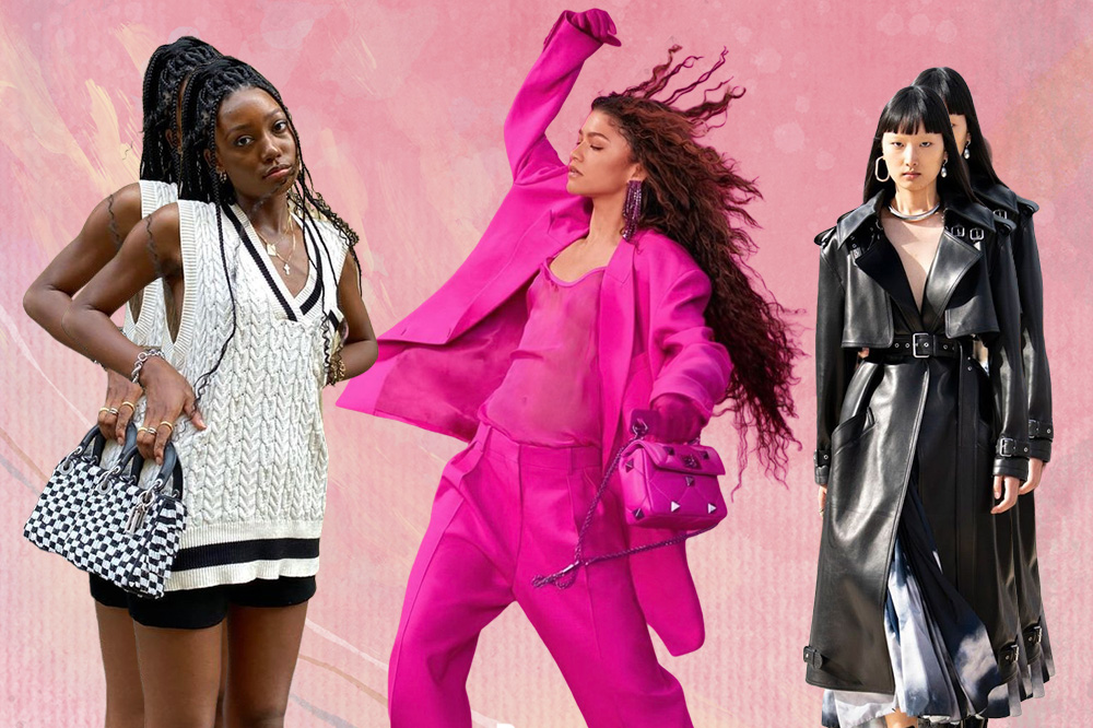 Montagem em fundo de textura rosa com várias nuances de três fotos recortadas que ilustram as estéticas Old Money, Barbiecore e Bikercore.