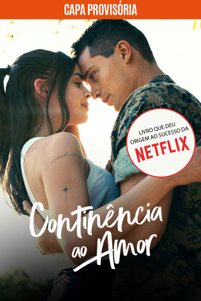 Casal se abraçando com os rostos próximos em capa de Continência ao amor; O título está na parte central inferior da imagem e um selo redondo diz 