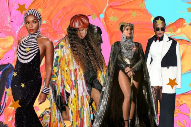 Fundo texturizado em cores vivas, com fotos sobrepostas das personalidades: Janelle Monaé, Erykah Badu e Beyoncé