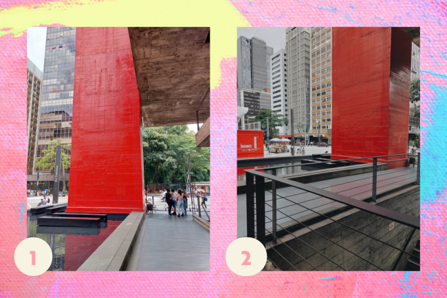 Montagem de duas fotos de uma pilastra vermelha localizada na av paulista