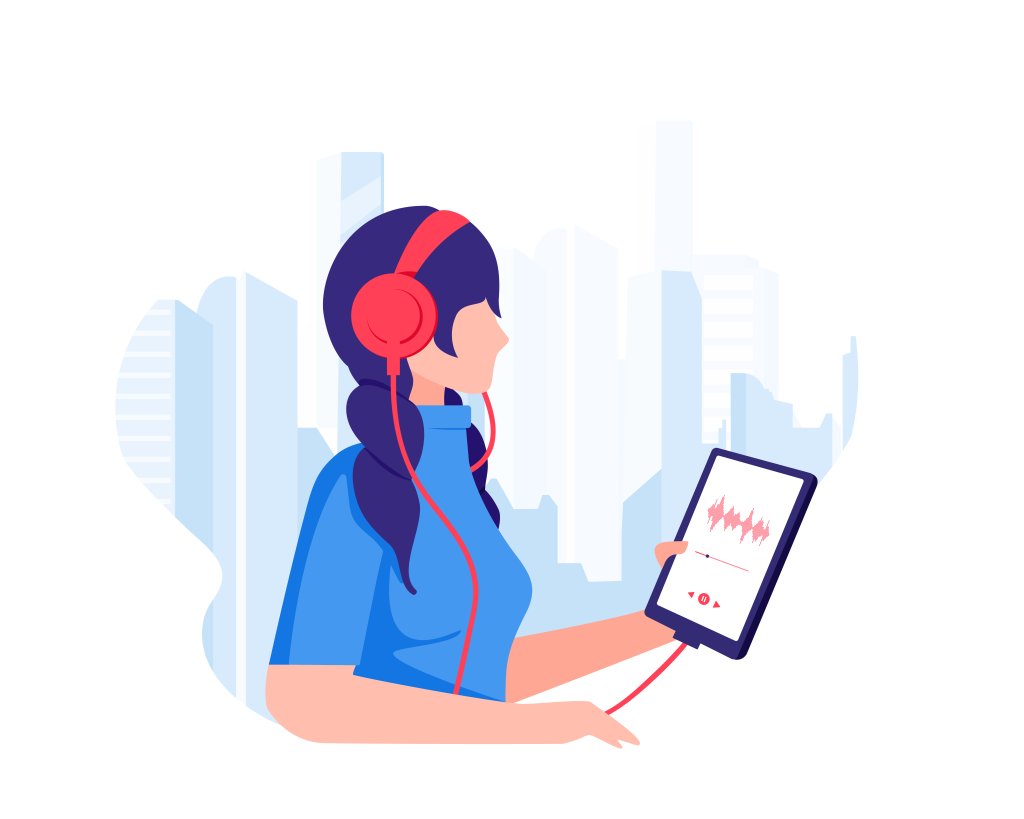 ilustração: A garota caminha pela metrópole e ouve música com fones de ouvido e segura um tablet com uma playlist nas mãos.