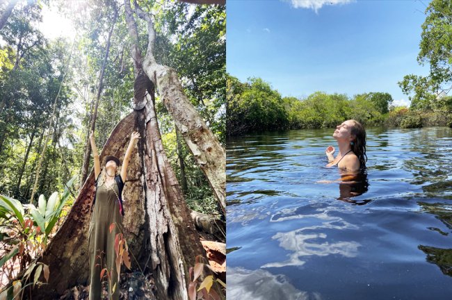 Fotos da Isa Otto no meio da Amazônia. Ela posa sobre uma árvore e nada no Rio Negro